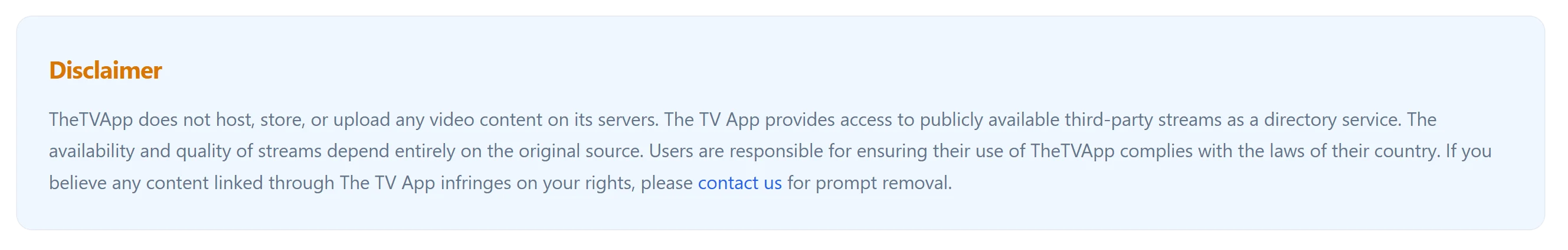 TheTVApp Disclaimer - does not host video content, aggregates publicly available streams. Contact us for removal requests.